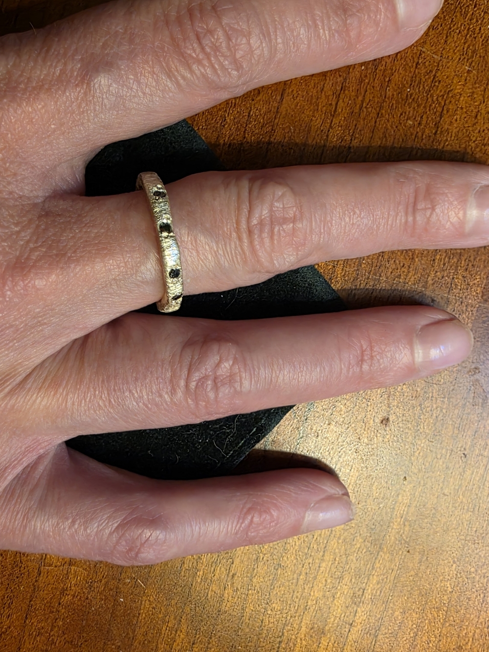 Silver Textured Band Ring with Black Stone Accents